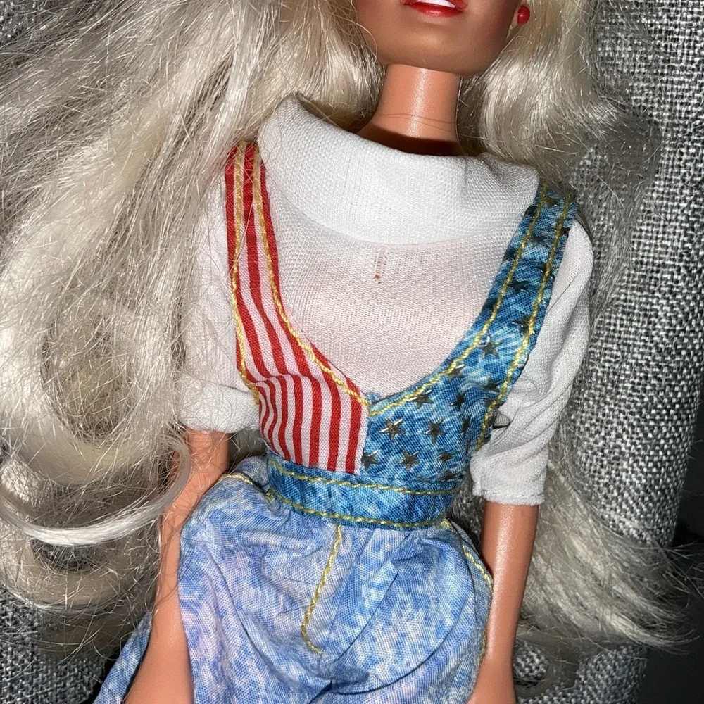 Vintage 90s Barbie Doll Acid Wash Denim Overalls Red White Blue American Flag